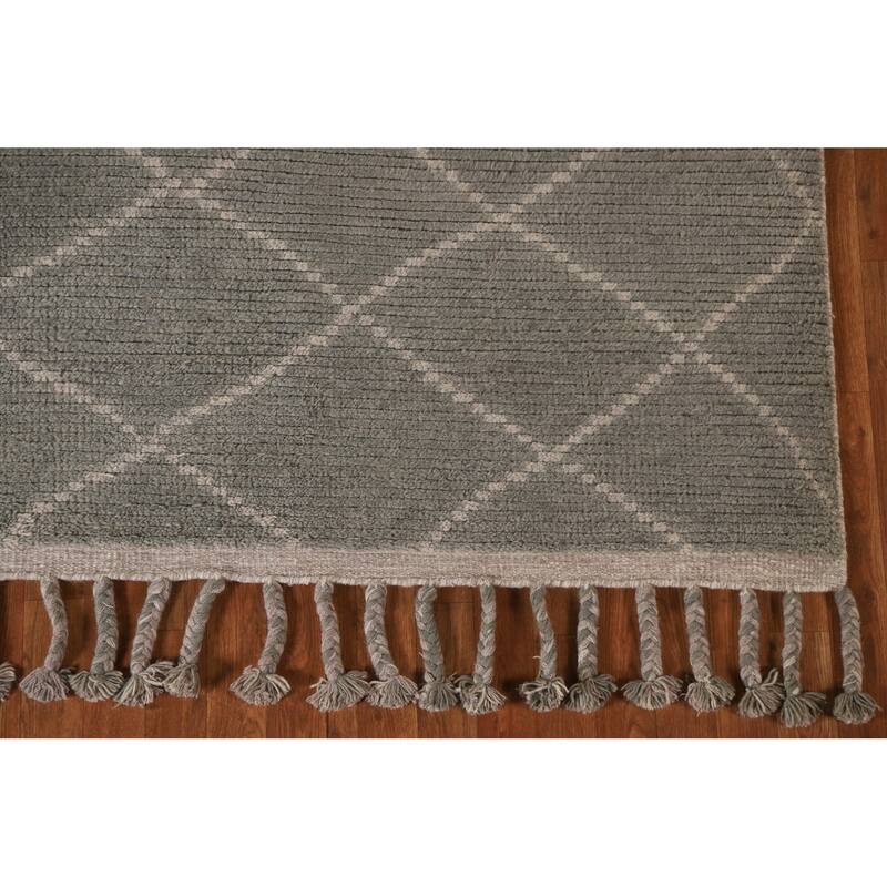 Hand Knotted Oriental 100% Wool Carpet Modern Trellis Greys & Charcoal Moroccan Area Rug - 8' 2'' X 5' 10''