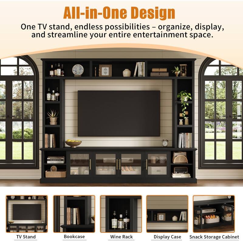 Modern Entertainment Center Wall Unit for TVs up to 80", One-Piece 95.1" TV Console Unit with Bookshelves & Tempered Glass Doors