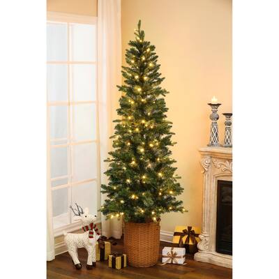 Pre-Lit LED 6.5ft Artificial Slim Fir Christmas Tree with Clear Lights and Brown Pot - 78" H x 24" Diameter