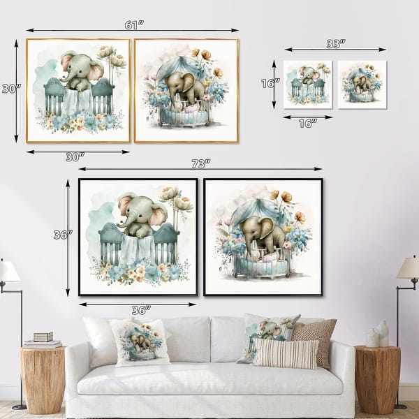 Designart "Baby Elephant In Crib With Flowers" Animals Canvas Set Of 2 - Traditional Wall Art Set Gray Wall Art 2 Pieces