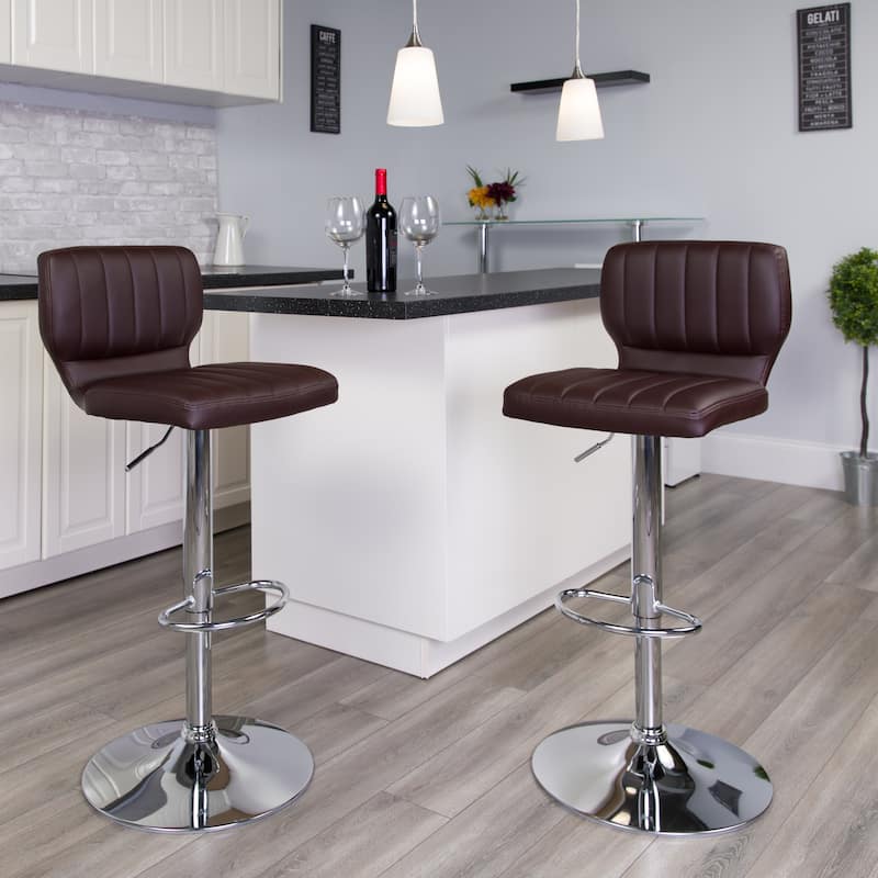 Vinyl Adjustable Barstool with Vertical Stitch Back (Set of 2) - Brown Vinyl