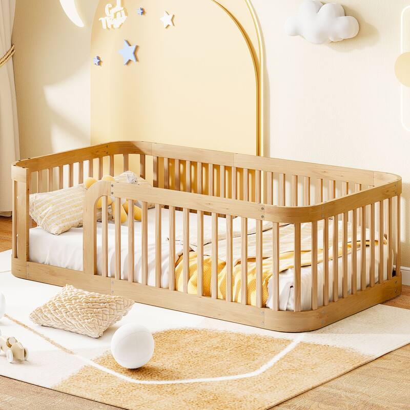 Floor Bed Frame with Fence, Montessori Toddler Bed, No Slats, No Doors, Rounded Corners Wooden Bed - Natural - Twin