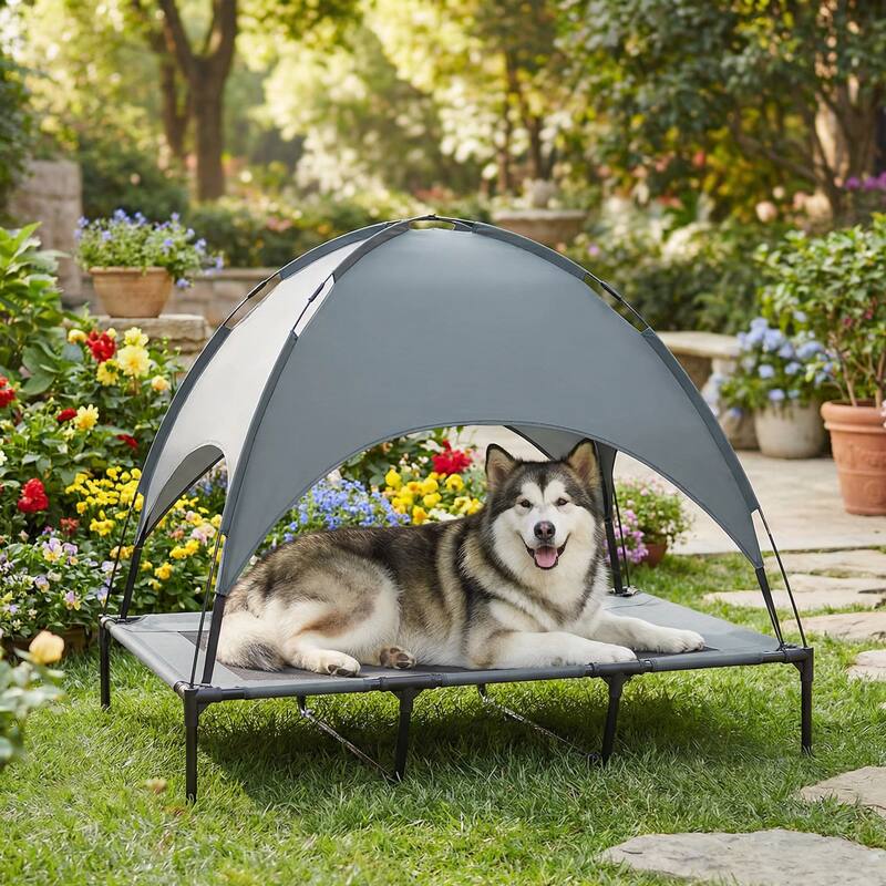 PawHut 48" x 36" Elevated Dog Cot Cooling Pet Bed With UV Protection Canopy Shade - grey