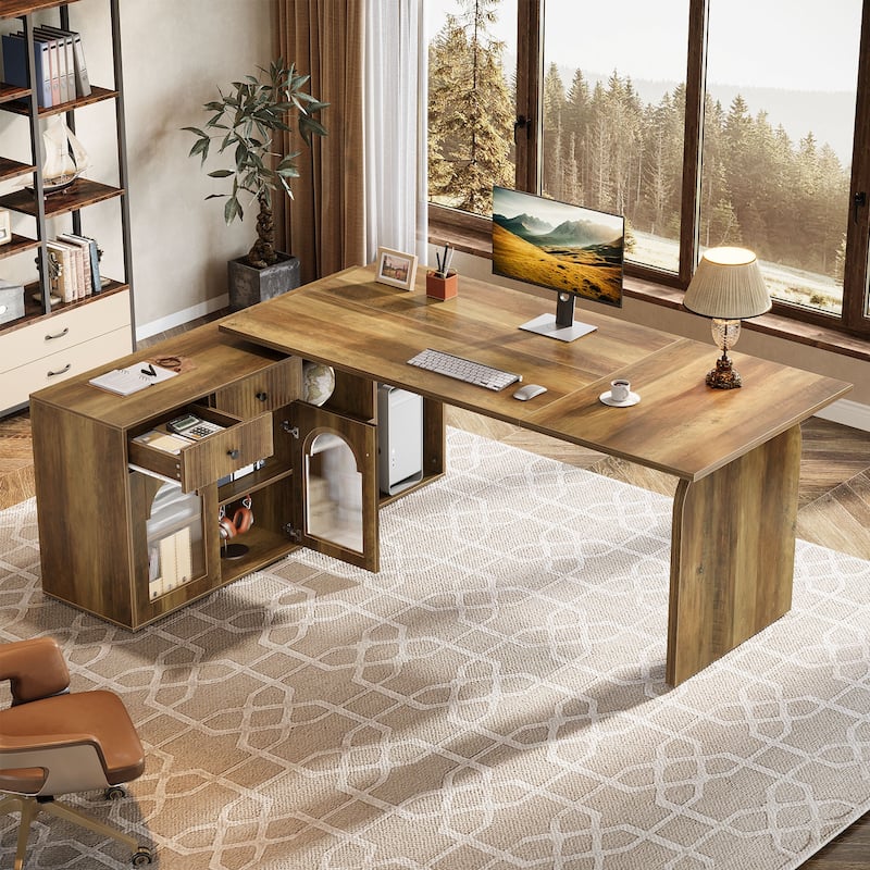 Wood L-Shaped Executive Desk with File Cabinet for Home Office