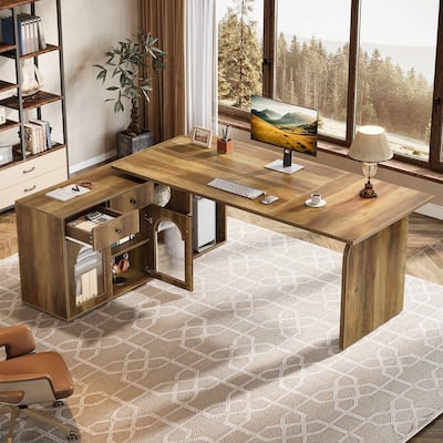 Wood L-Shaped Executive Desk with File Cabinet for Home Office