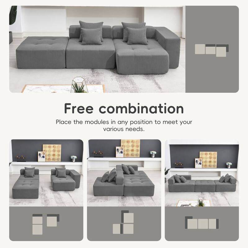 105.5" Corduroy L-Shaped Modular Sectional Sofa with Wide and Deep Seat, Tufted Design, and No Assembly Required