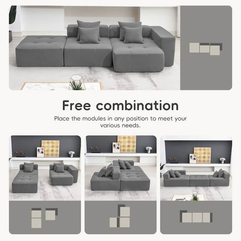 105.5'' L Shaped Modular Sofa, 3 PC Free Combo, No Assembly, Gray Corduroy, Living Room