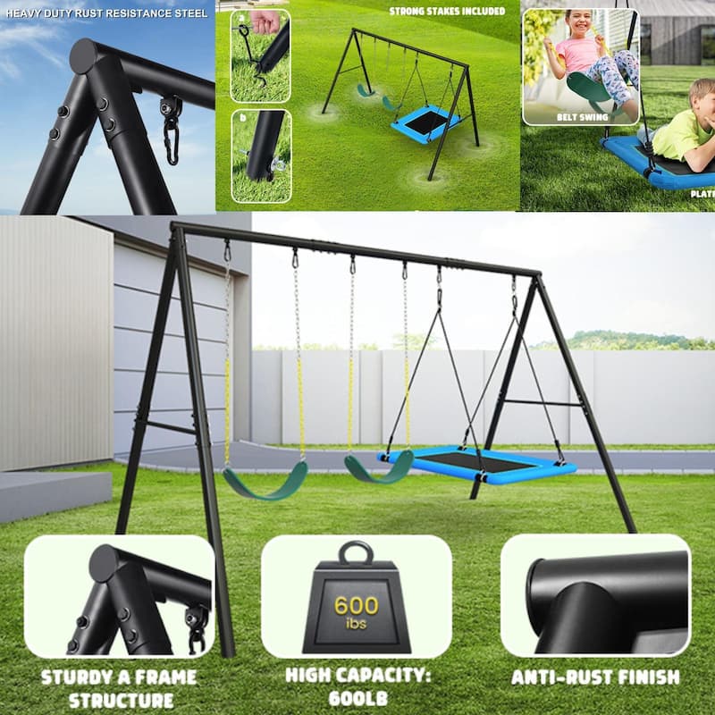 Heavy-Duty Metal A-Frame Swing Set with 3 Swings