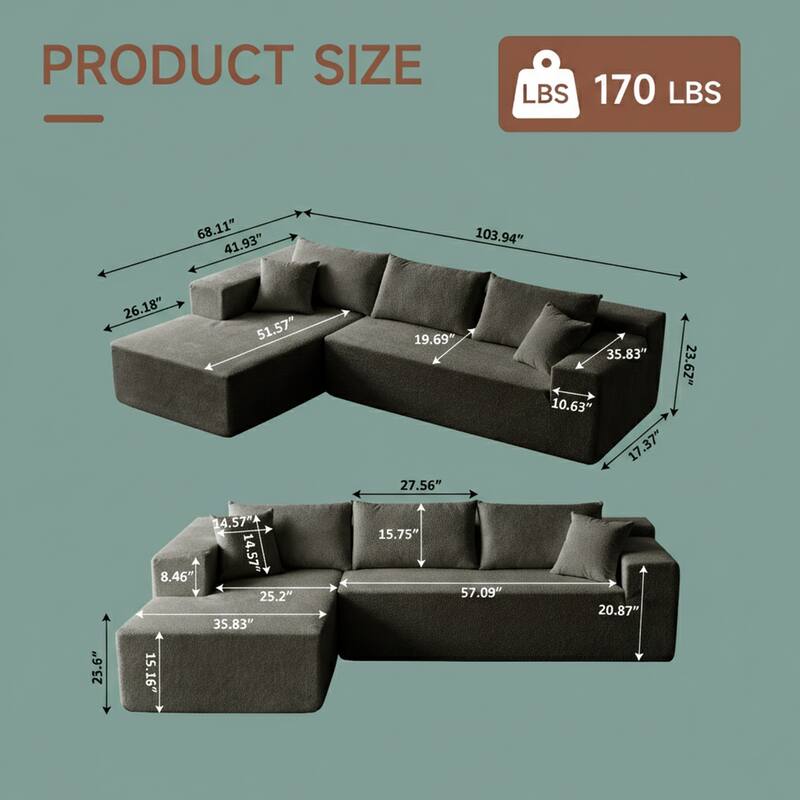 103.54" L-Shaped Modern High-Density Sponge Velvet Modular Sectional Sofa with Chaise & Pillows