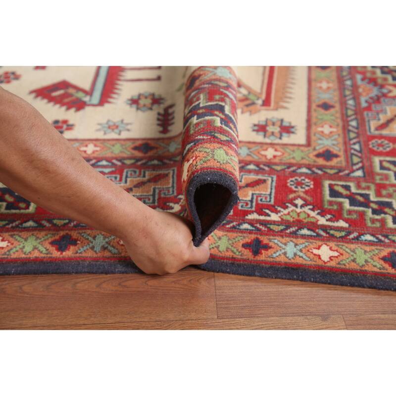 Hand Knotted Oriental 100% Wool Carpet Traditional Geometric Beige & Ivories Kazak Area Rug - 9' 10'' X 6' 5''