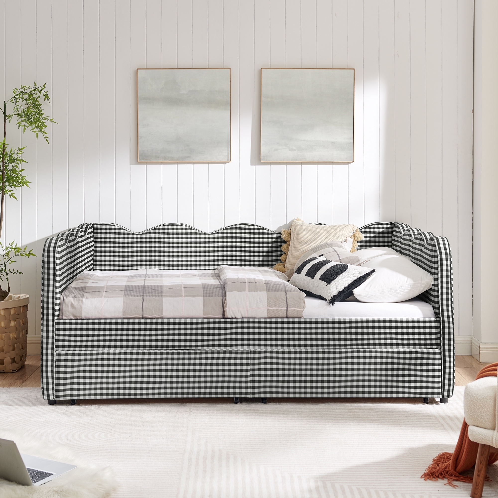 Cozy Gingham Daybed with Two Storage Drawers, with USB Port and Adorable Wave Shaped