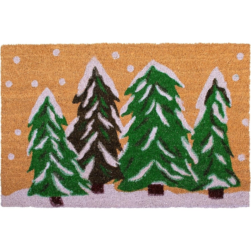HomeRoots 24" X 36" Brown Green And White Christmas Trees Outdoor Coir Door Mat - 24.00' X '36.00