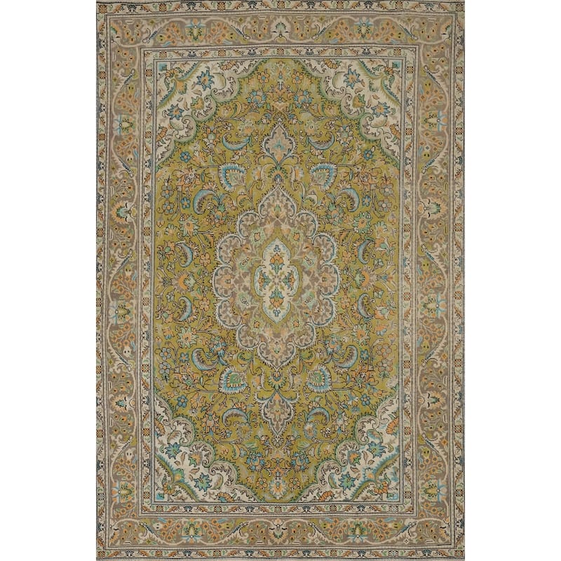 Hand Knotted Oriental 100% Wool Carpet Traditional Floral Green Tabriz Area Rug - 9' 0'' X 6' 3''