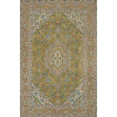 Hand Knotted Oriental 100% Wool Carpet Traditional Floral Green Tabriz Area Rug - 9' 0'' X 6' 3''