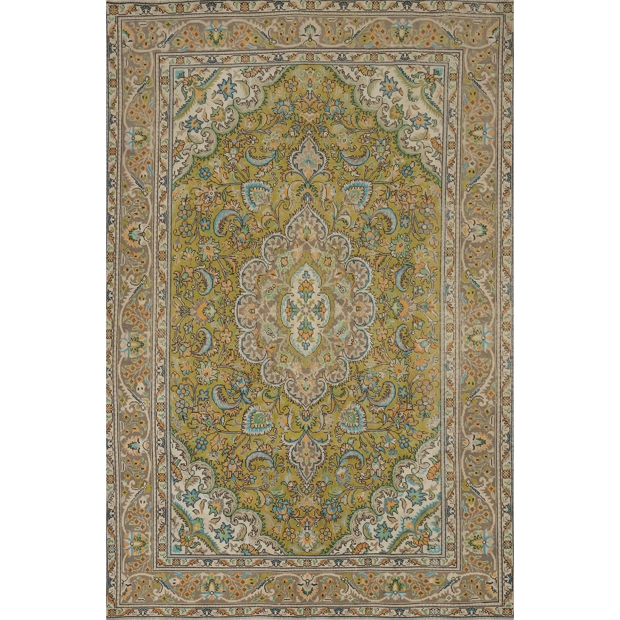 Hand Knotted Oriental 100% Wool Carpet Traditional Floral Green Tabriz Area Rug - 9' 0'' X 6' 3''