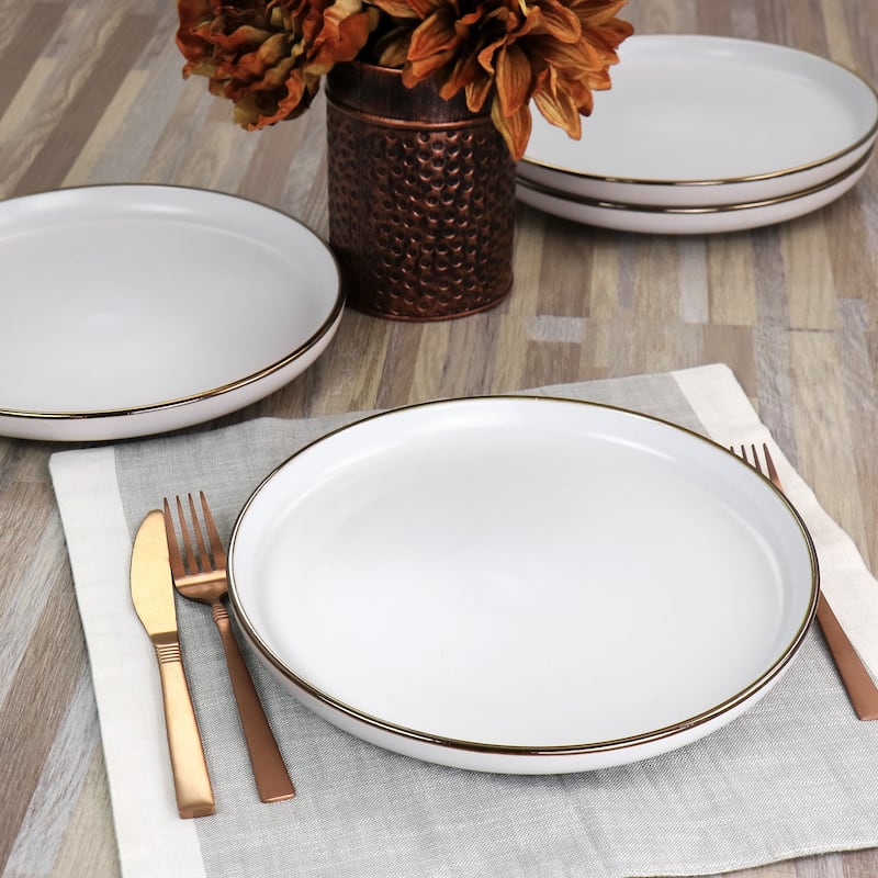 Anya 6 Piece Gold Rim Stoneware Dinner Plate Set in White