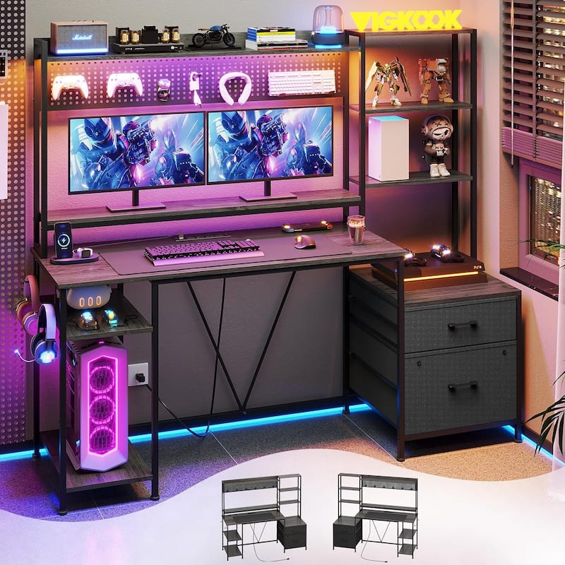Computer Desk Gaming Desk 2 Drawers Shelves Pegboard 8 Hooks