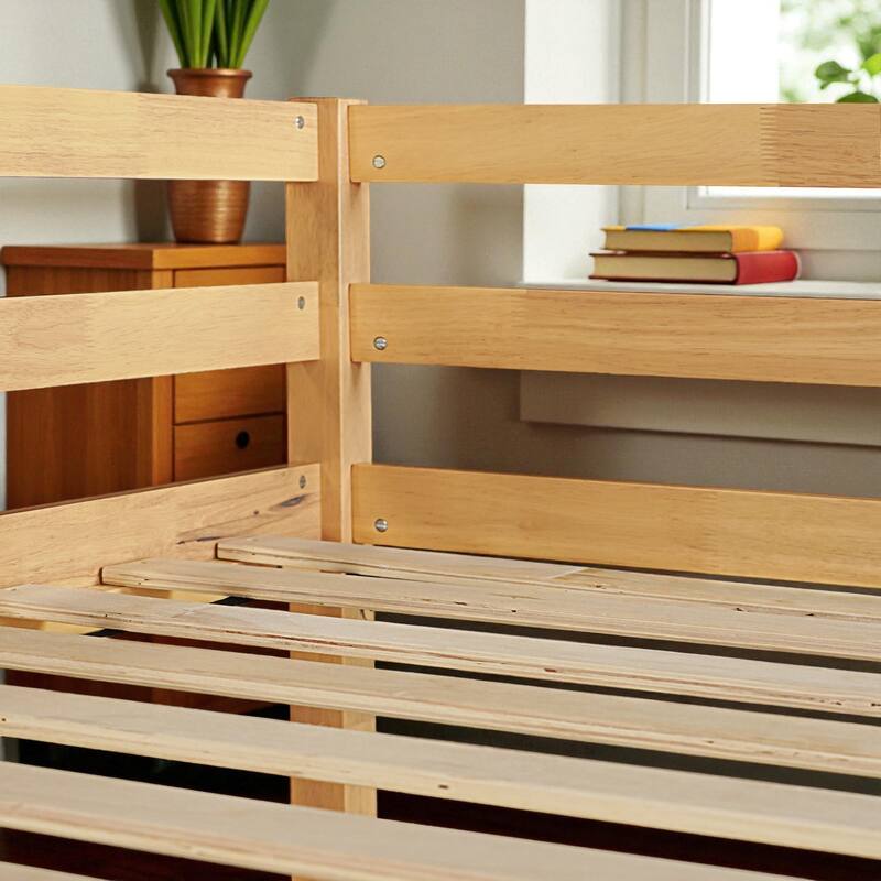 Twin Size Wooden High Loft Bed with Built-in Desk and Ladder, Solid Rubber Wood Loft Bed with Safety Guardrails