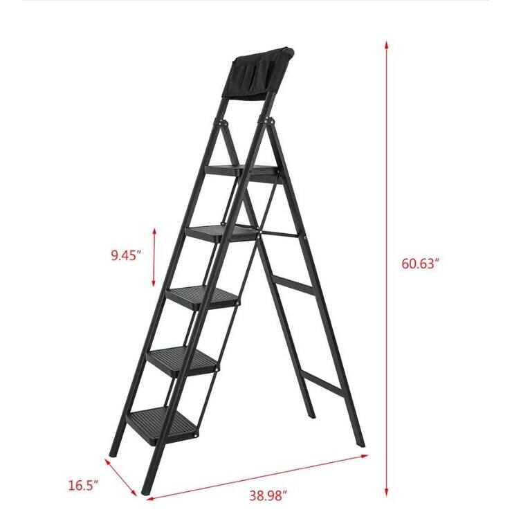 Black 5 Step Stool Folding Step Stool with Tool Bag