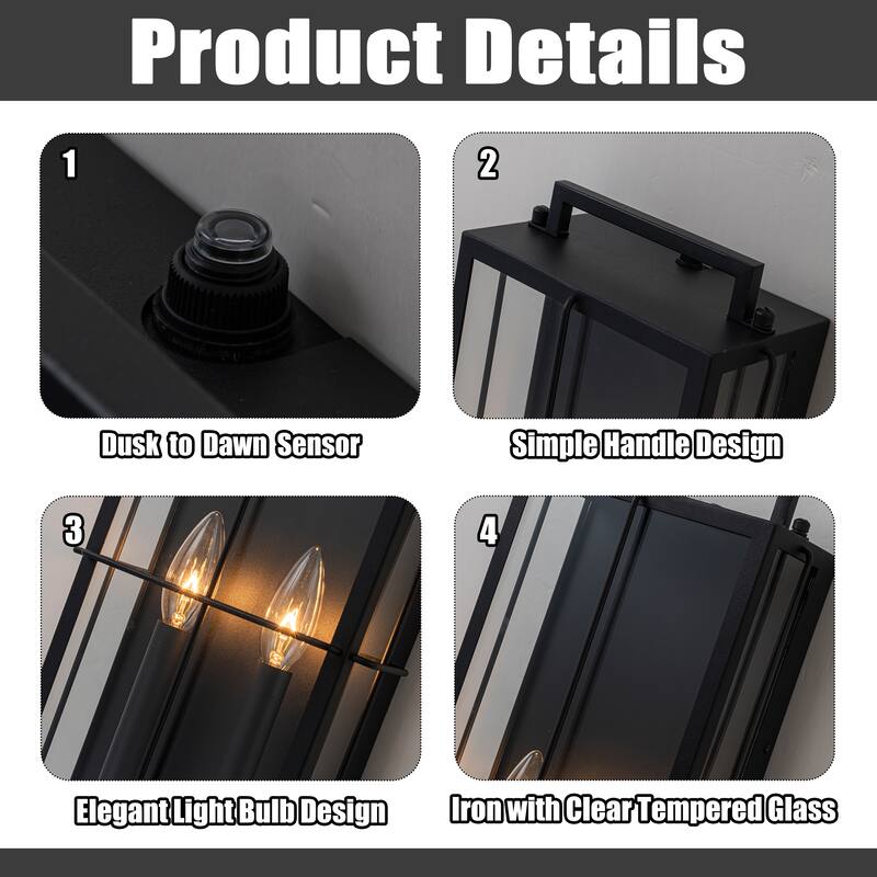H19" Modern Large Lantern Outdoor Wall Light with Clear Glass Dual-Bulb Design and Black Finish Wall Sconces for Porch Patio