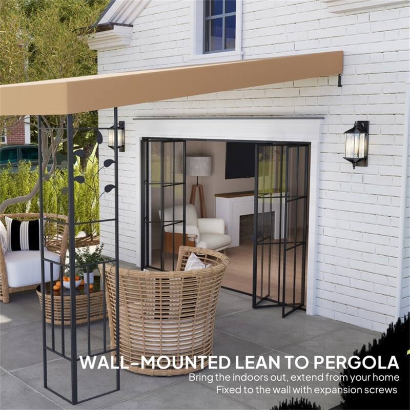 Coffee Lean-To Pergola with Powder-Coated Metal Frame and 180gsm Polyester Canopy UPF30 Plus Splash Resistant