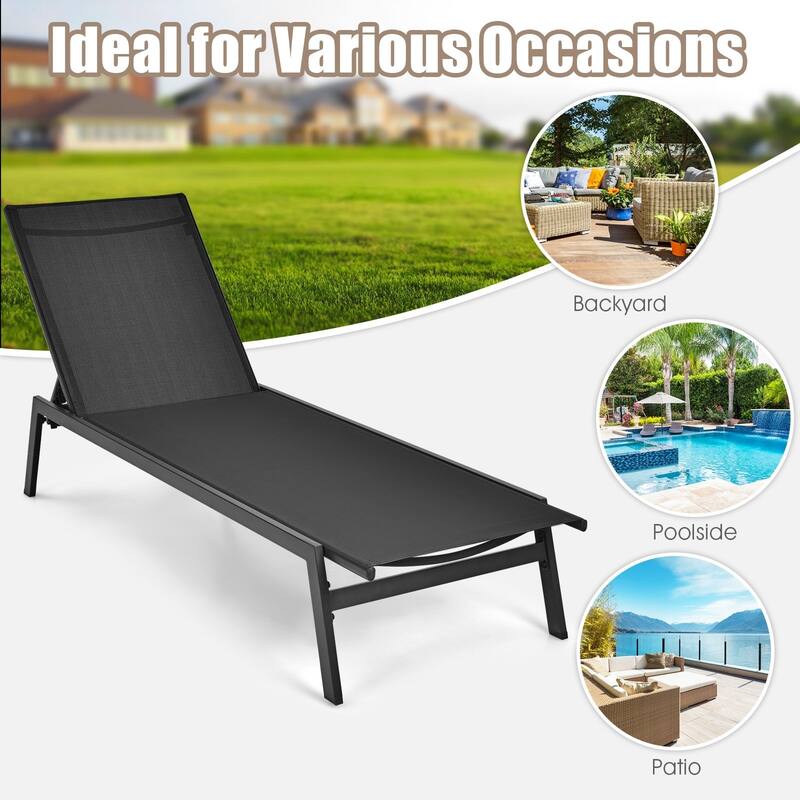 Outdoor Reclining Chaise Lounge Chair with 6-Position Adjustable Back - 64"- 79" x 25" x 38" - 12" (L x W x H)
