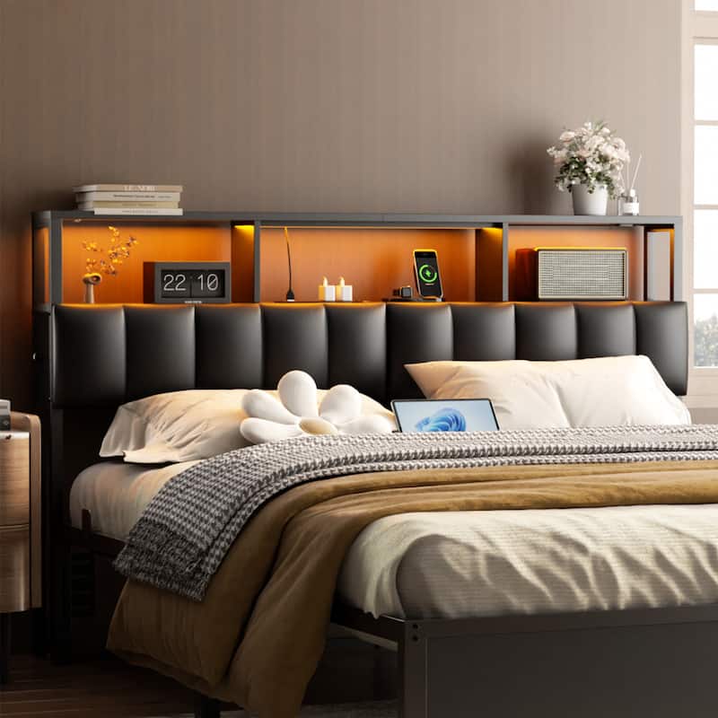Upholstered Headboard with Hidden Drawer, Head Board with Power Outlet and LED Light - Black - King