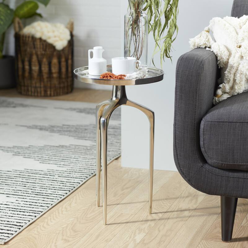 Aluminum Metal Tray Inspired Top Accent Table with 3 Tripod Legs - Gold, Silver or Black - Roche River Decor