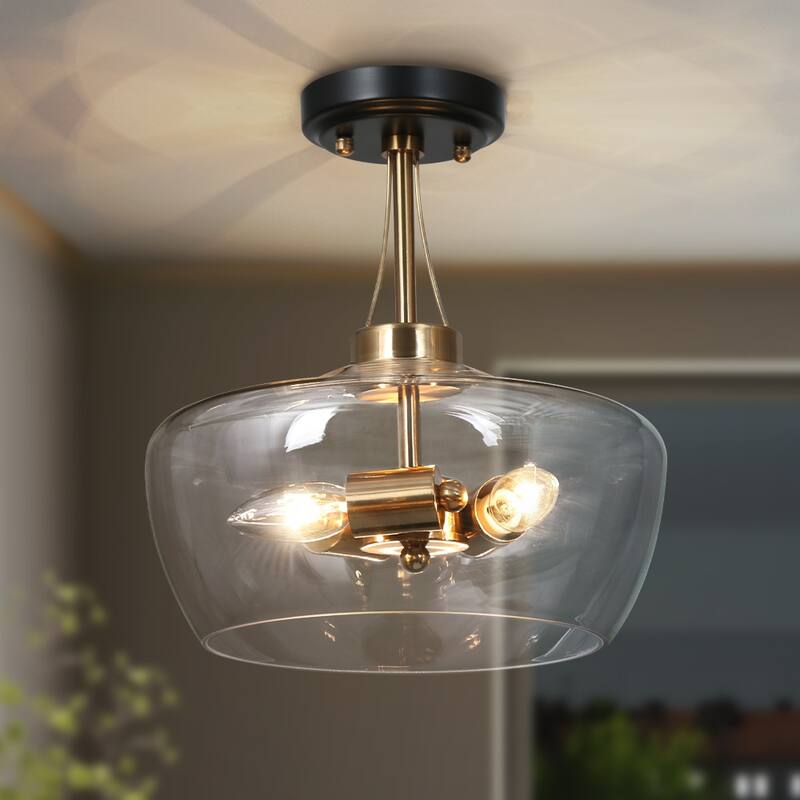 Modern 3-Light Black Gold Flush Mount Lights Kitchen Ceiling Light with Clear Glass - D12" x H12.5"