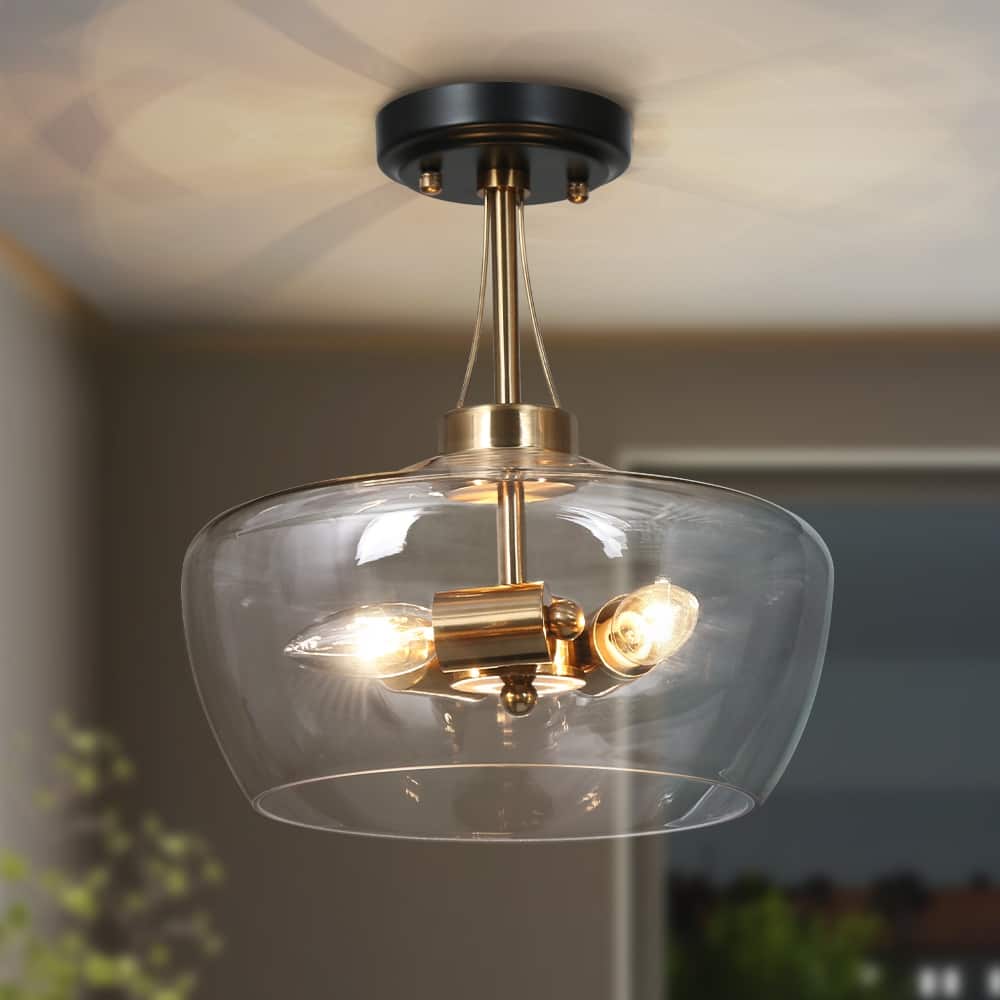 Modern 3-Light Black Gold Flush Mount Lights Kitchen Ceiling Light with Clear Glass - D12" x H12.5"