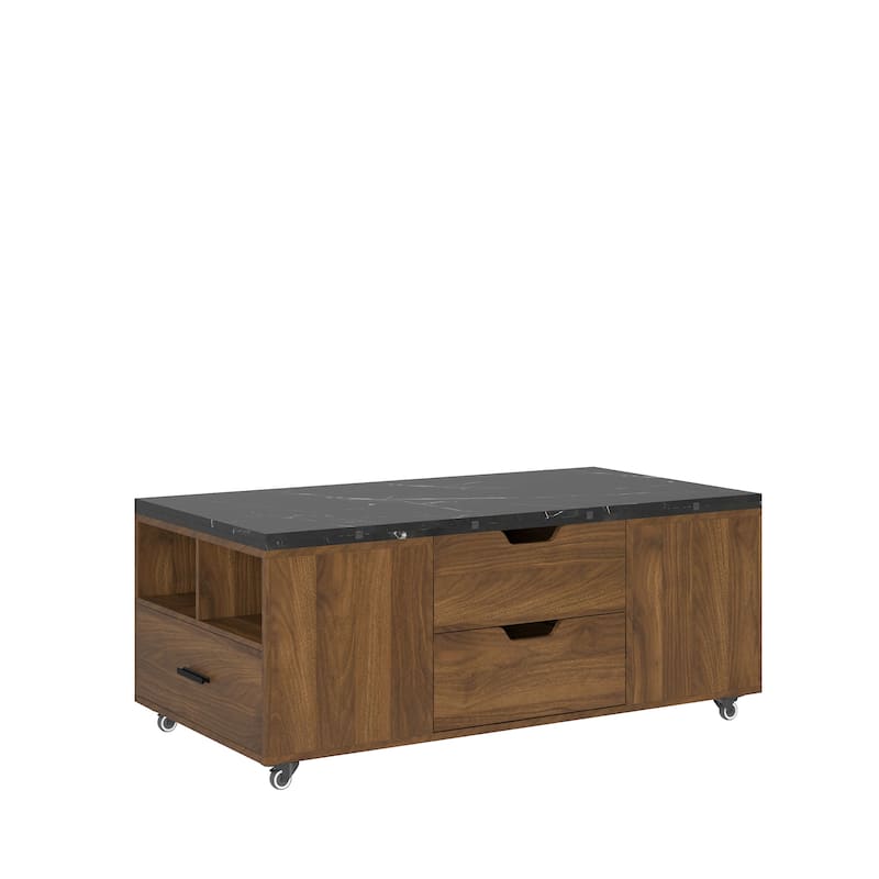 Modern Lift-Up Coffee Table with 2 Stools Set Expandable Hidden Storage + Drawers Space Saving Folding Dining Table