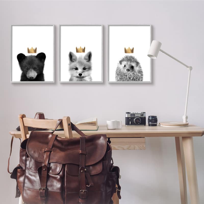 Stupell Woodland Animals Bold Crowns Black Bear Fox Hedgehog 3pc Multi Piece Framed Wall Art Set