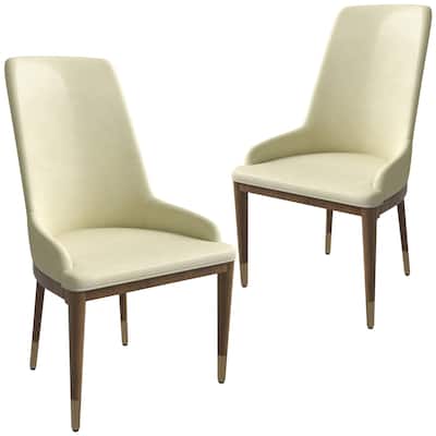 Dining Chair Upholstered in Leather with Rubberwood Frame Set of 2 Side Chair High Back and Gold Accent Legs