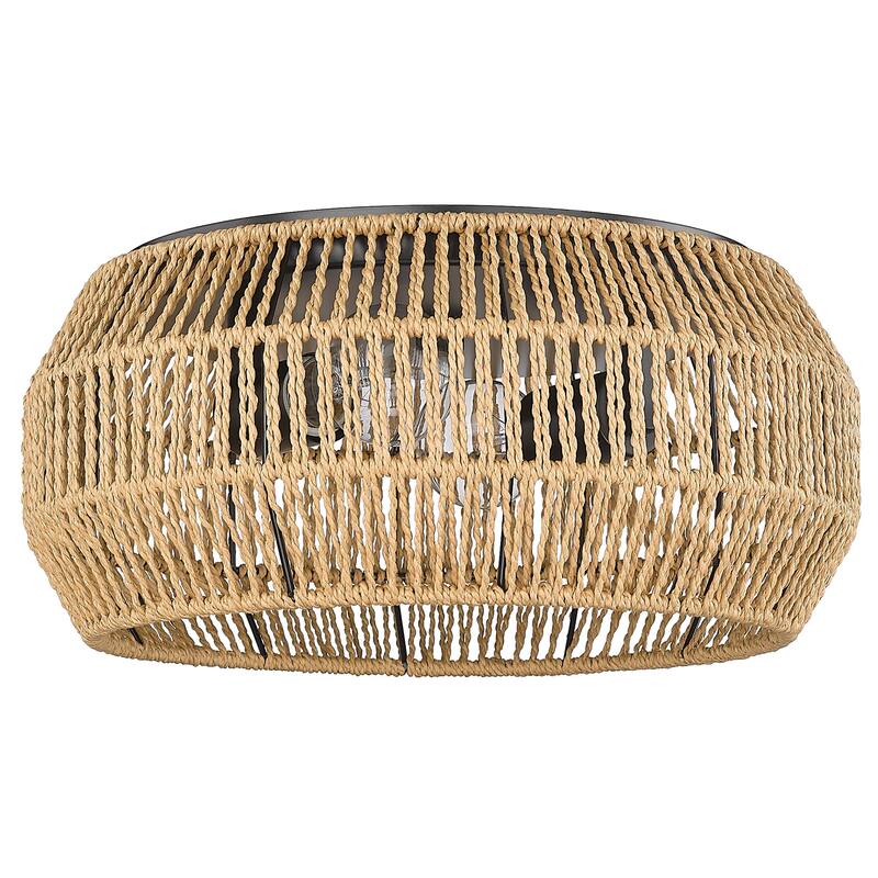 Golden Lighting 6076-FM NR Marlee 2 Light 14" Wide Flush Mount Drum - Matte Black / Natural Raphia