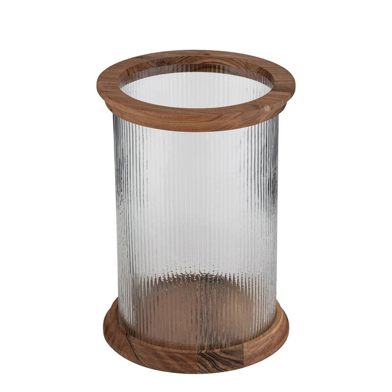 Fluted Glass Candle Lantern with Acacia Wood Base - 15"