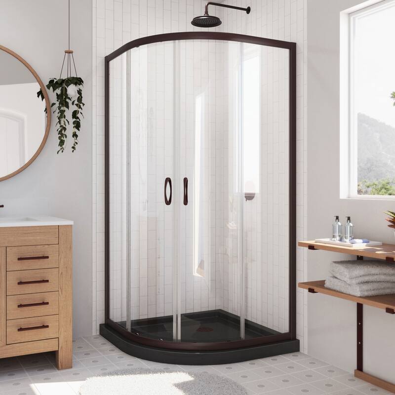 DreamLine Prime 36 in. x 36 in. x 74 3/4 in. Sliding Shower Enclosure and Shower Base Kit - 36" x 36" - 36" x 36" - Oil Bronze; Black; Clear Glass