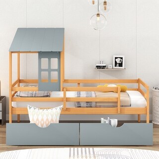 Twin Size House Low Loft Bed with 2 Storage Drawers, Roof and Window ...