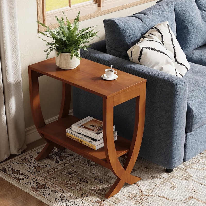 2-Tier Solid Wood End Couch Side Table with Arched Legs for Living Room - 23.6"W × 11.8"D × 23.6"H