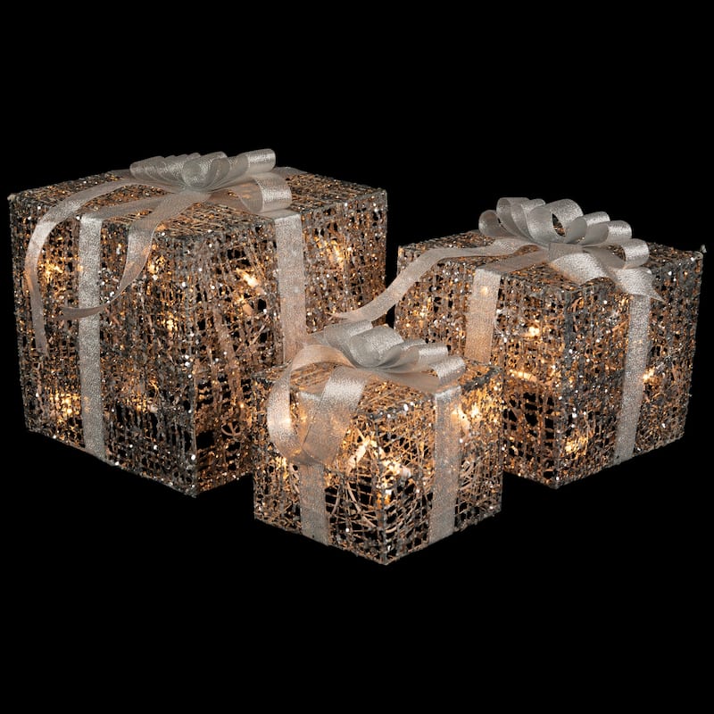 Set of 3 LED Lighted Silver Glitter Threaded Gift Boxes Outdoor Christmas Decoration - 10"