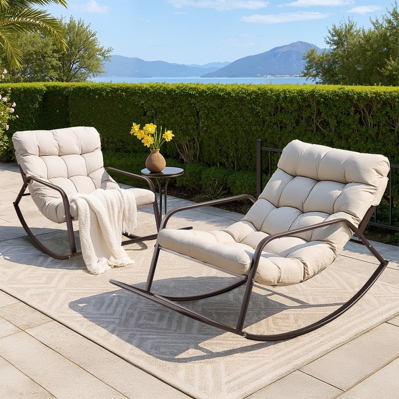 FINCATI Outdoor Patio Oversized Rocking Chair Papasan, Comfy Rocking Lounge Chair, Metal Rocking Chair with Cushion - 2 PCS-Beige