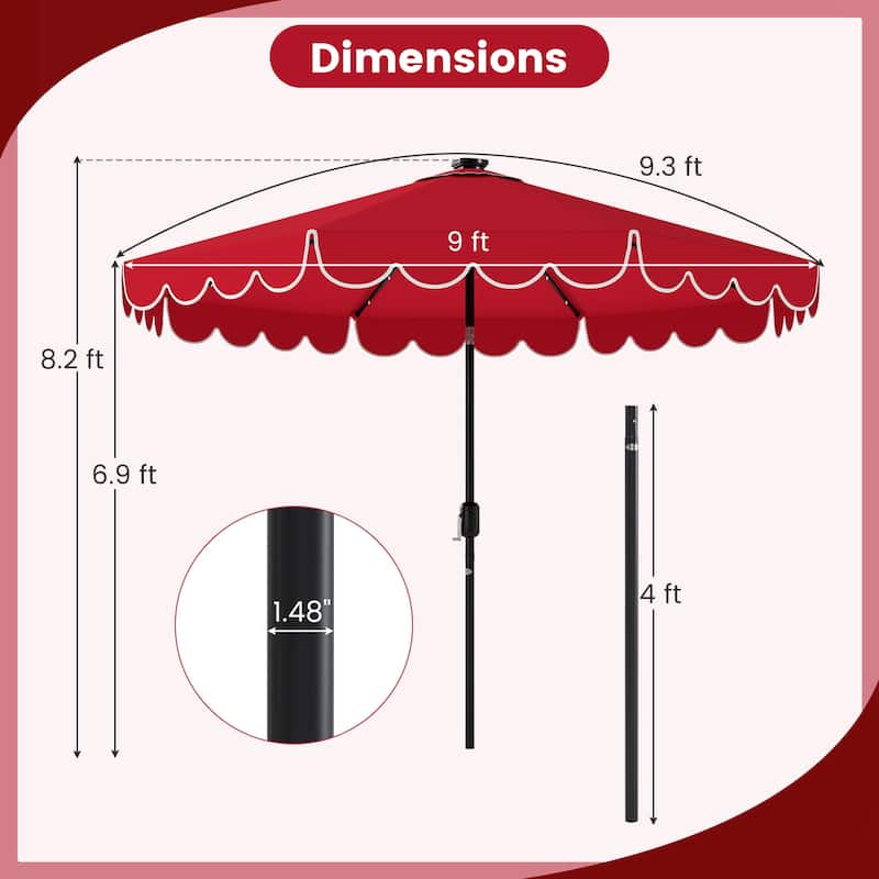 9.3 FT Outdoor Patio Polyester Umbrella with Solar LED Lights and Tilt Crank Metal Frame for Garden Deck
