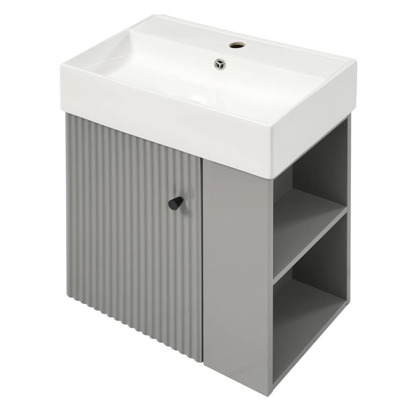 21.6 inch Modern Floating Bathroom Vanity with Ceramic Basin - Perfect for Small Bathrooms, Right Side Storage