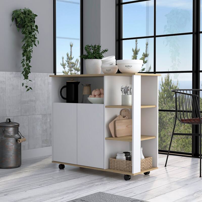 Compact Kitchen Island Kamkacht, Light Oak / White, 1 Cabinet, 4 Shelves, Locking Casters for Stability