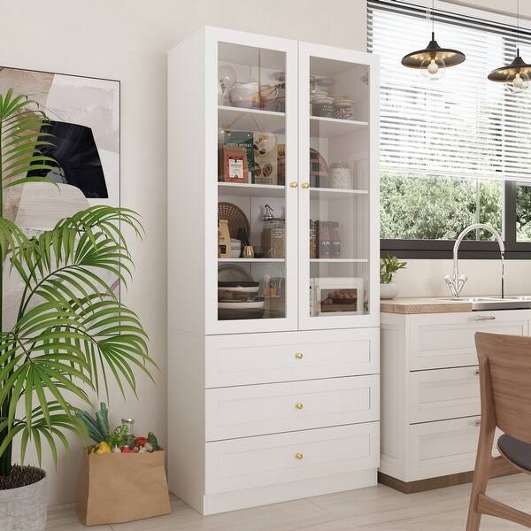 Glass Cabinet White Display Curio Storage Cabinet with Glass Doors - 3Drawers