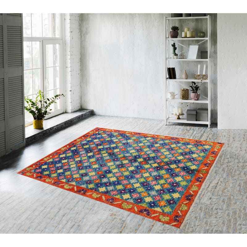 Tribal Balochi Friedman Teal/Orange Hand Knotted Wool Rug - 4'10'' x 6'11''