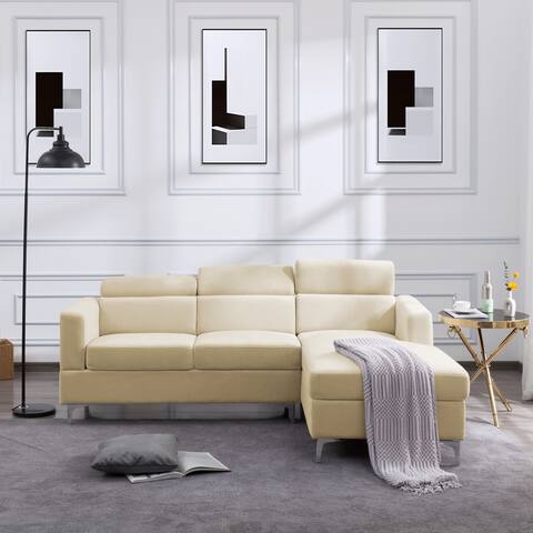 83.4" L-shaped Sectional Sofa Velvet Upholstered Sofa & Right Hand Facing Chaise with Adjustable Headrest and Metal Legs