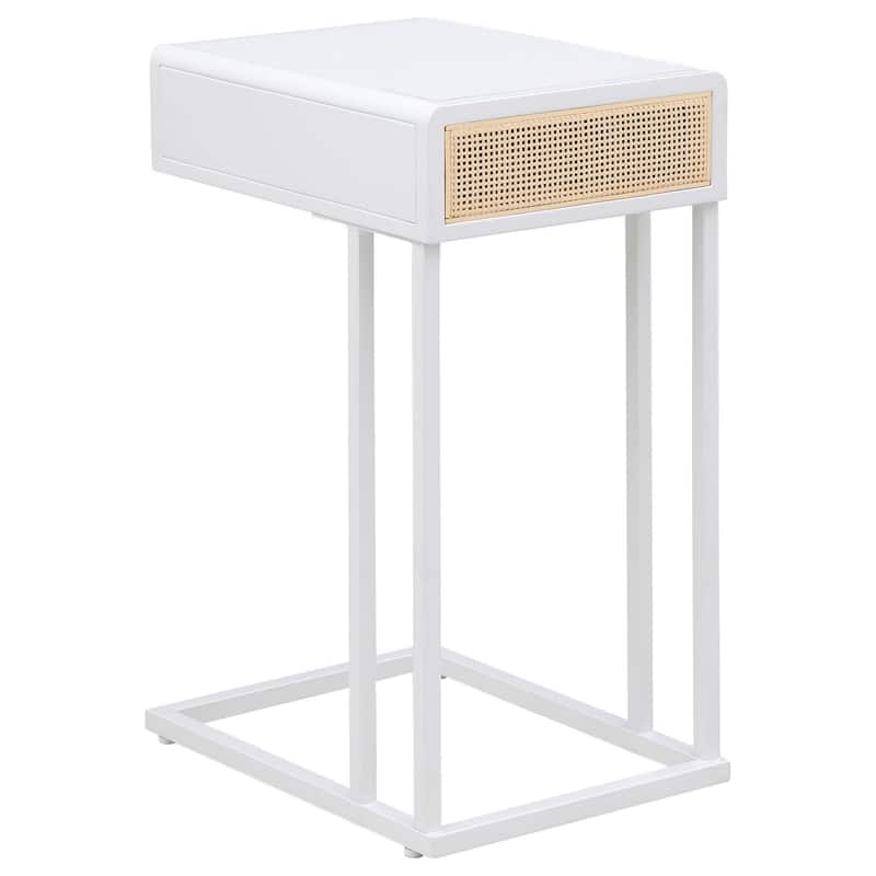 Lanie Side C Table, 1 Drawer, Sleek White Metal Frame, Faux Rattan