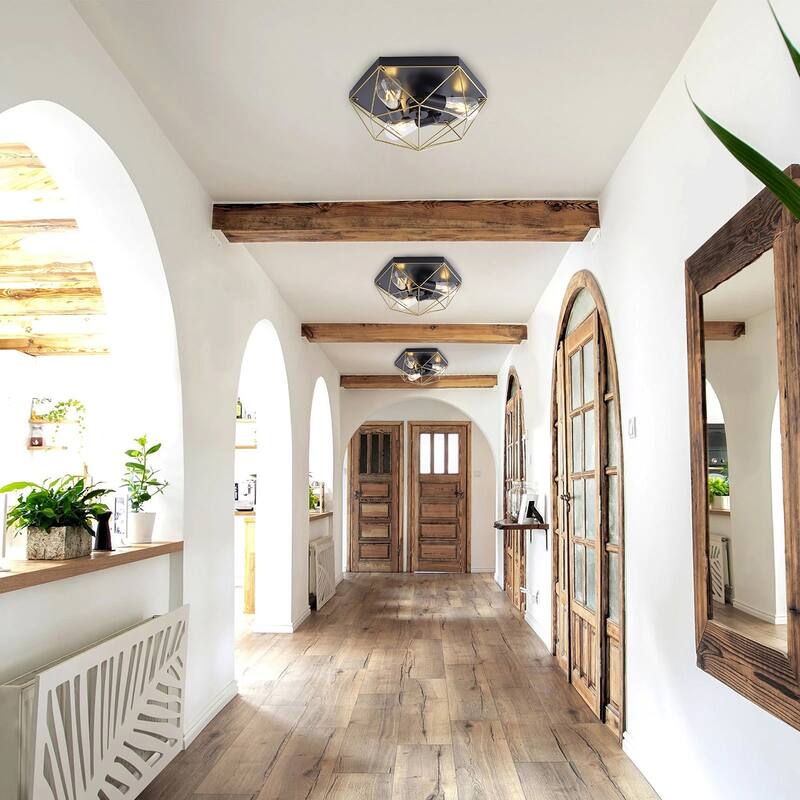 Farmhouse Black 3-Light Unique Hexagon Ceiling Lighting for Kitchen Hallway