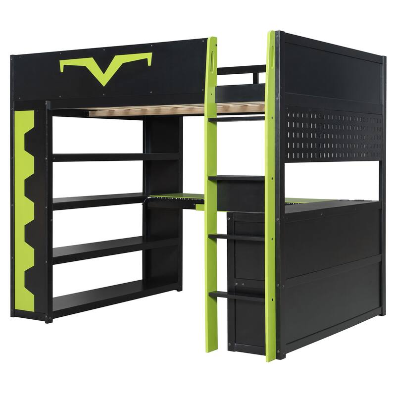 Full Size Gaming Loft Bed with Desk & RGB LED Lights, Pro-Gamer Setup with Pegboard, Keyboard Tray & Storage