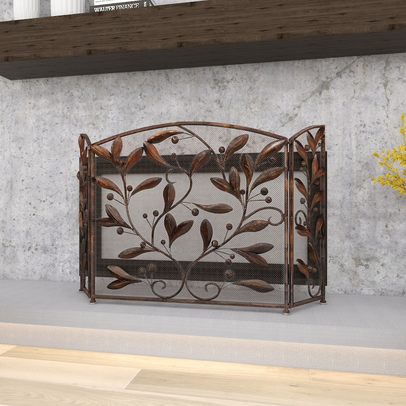 Brown Iron Eclectic Wood Fireplace Screen Floral 30 x 45